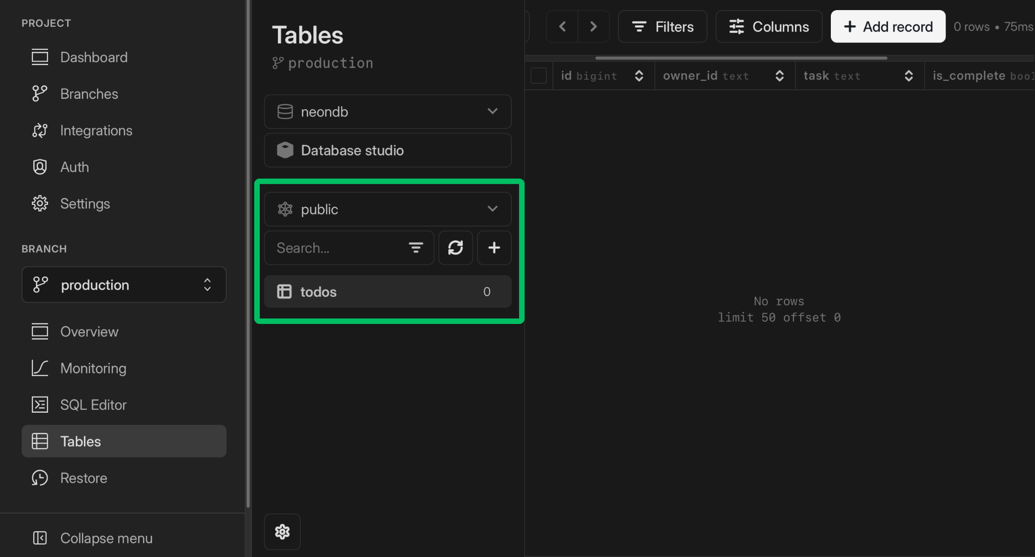 Neon Auth todos table