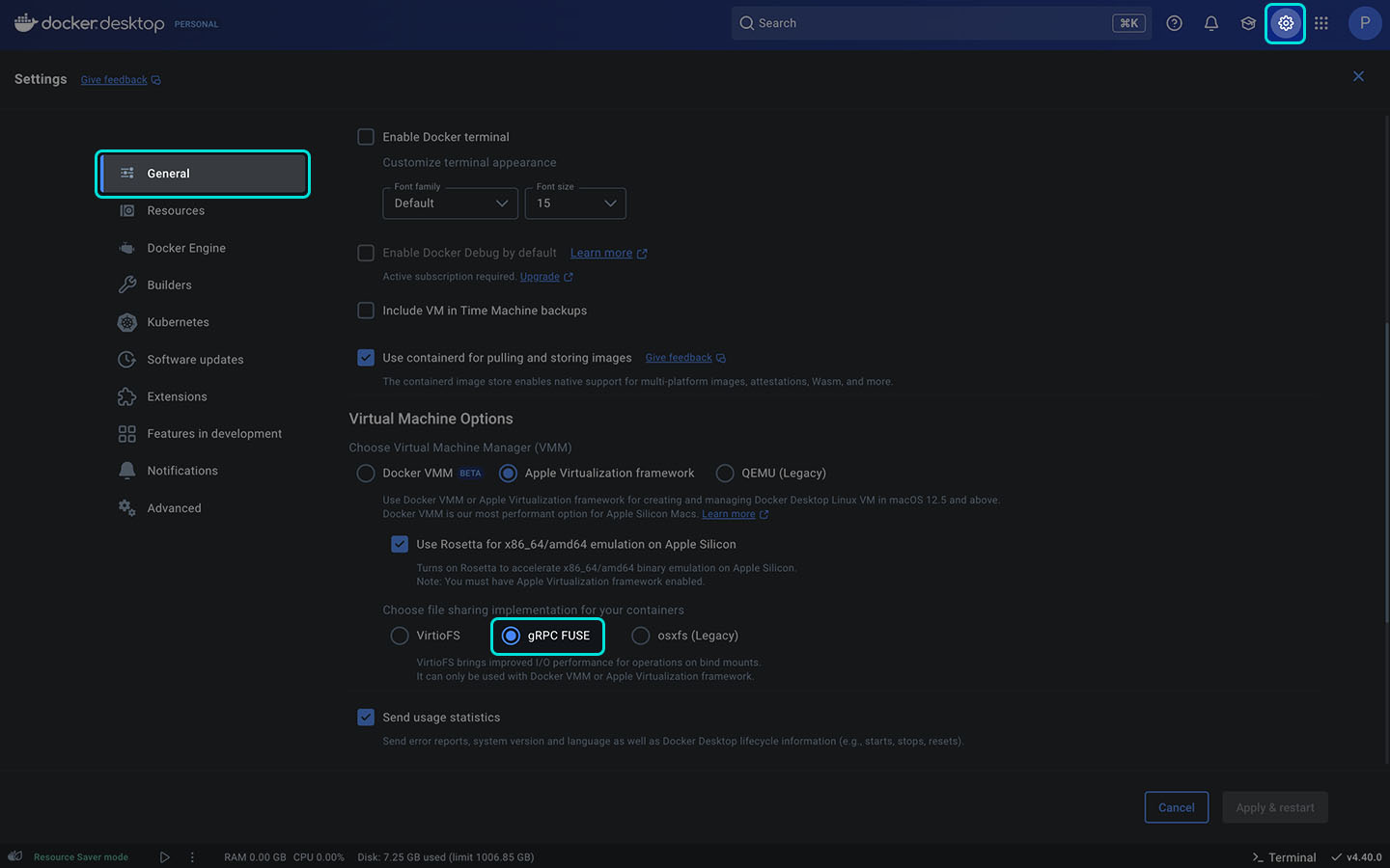 Docker Desktop are set to gRPC FUSE